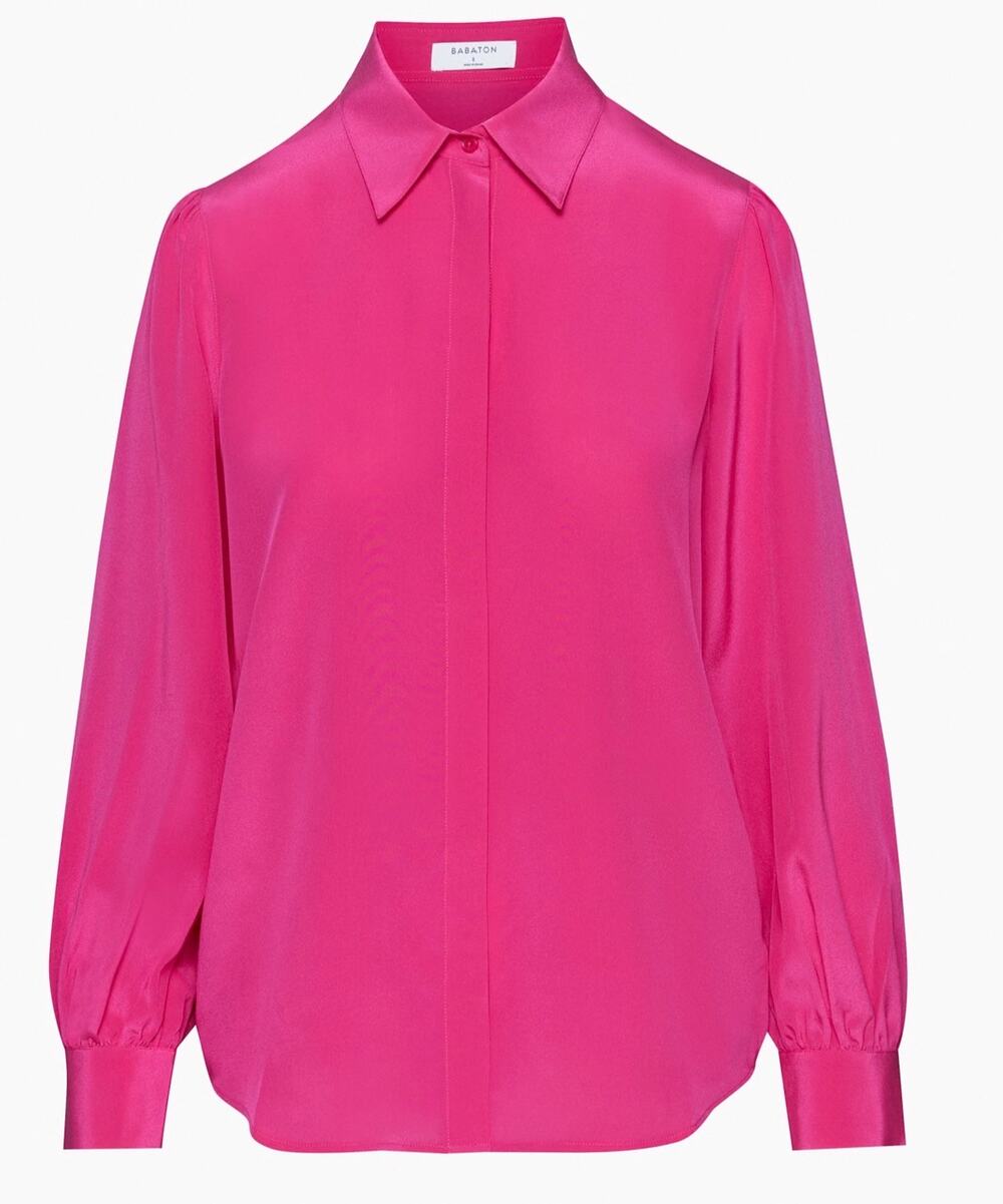 Babaton Large Finta Silk Hidden Button Shirt Fuchsia Pink Collared Long Sleeves